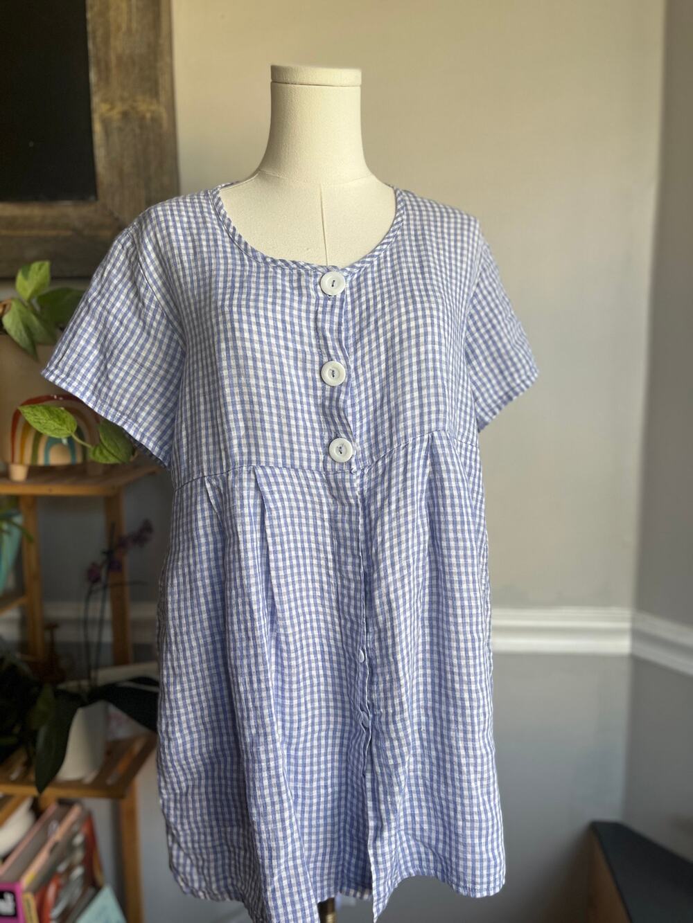 FLAX Blue Plaid Tunic Blouse Babydoll Linen Button Front Size Small